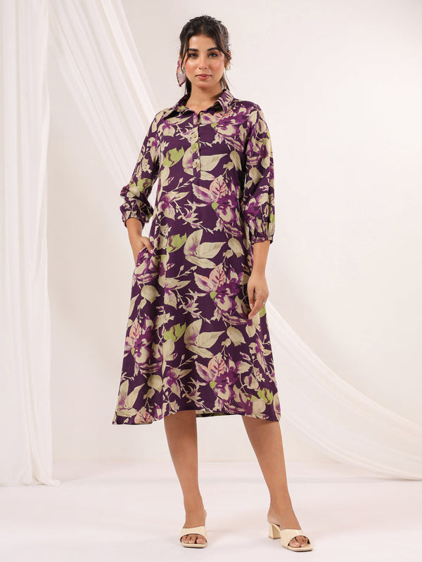 Janasya Women's Purple Rayon Floral Printed A line Dress