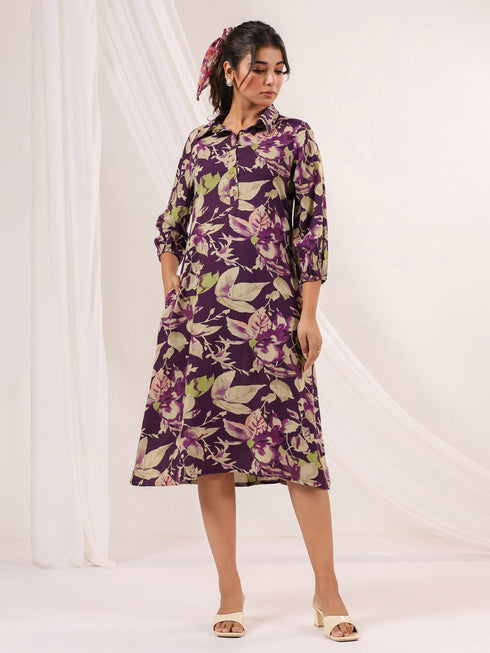 Janasya Women's Purple Rayon Floral Printed A line Dress