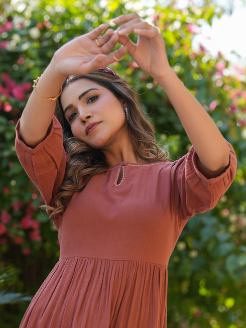 Rust Pure Cotton Solid Gathered Dress