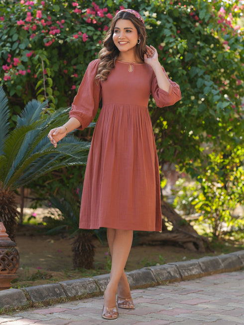 Rust Pure Cotton Solid Gathered Dress