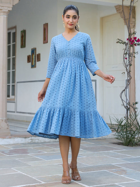 Janasya Women's Light Blue Pure Cotton Schiffli Fit & Flare Dress