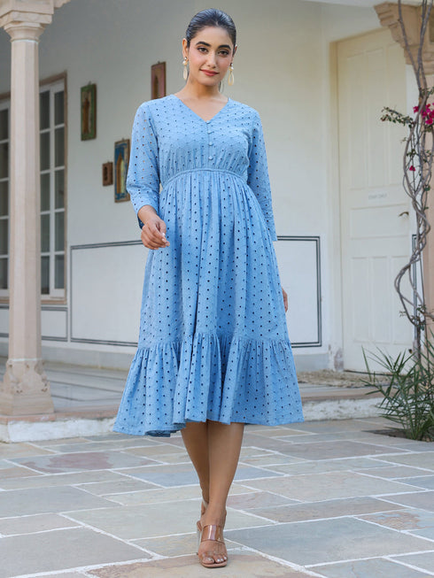 Janasya Women's Light Blue Pure Cotton Schiffli Fit & Flare Dress