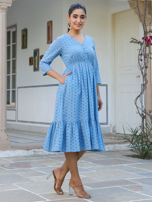 Janasya Women's Light Blue Pure Cotton Schiffli Fit & Flare Dress