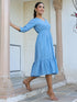 Janasya Women's Light Blue Pure Cotton Schiffli Fit & Flare Dress