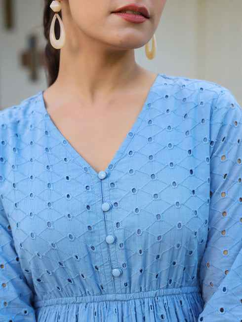 Janasya Women's Light Blue Pure Cotton Schiffli Fit & Flare Dress