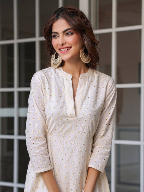 Janasya Women's Off White Pure Cotton Schiffli A-line Dress