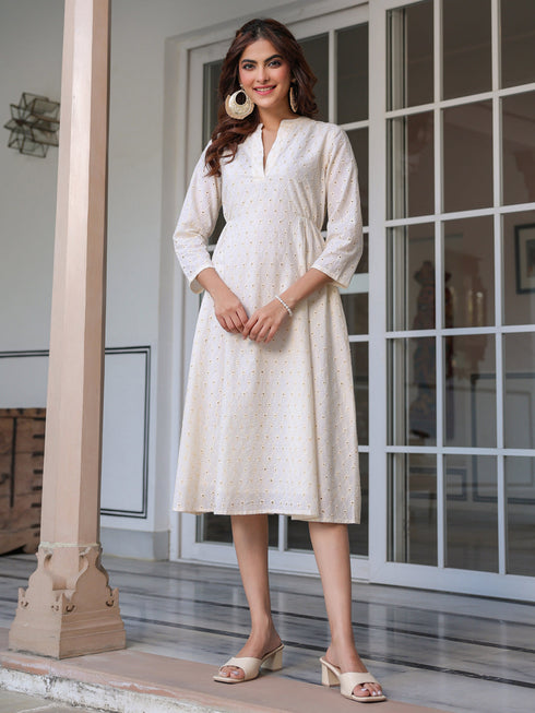 Janasya Women's Off White Pure Cotton Schiffli A-line Dress