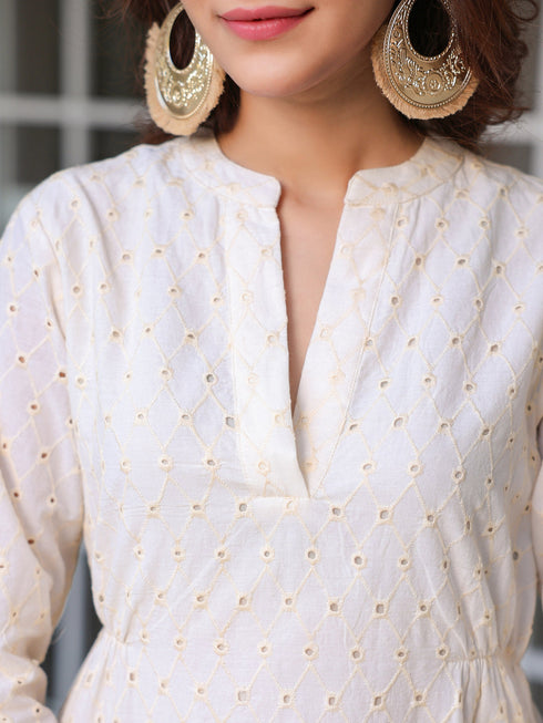 Janasya Women's Off White Pure Cotton Schiffli A-line Dress