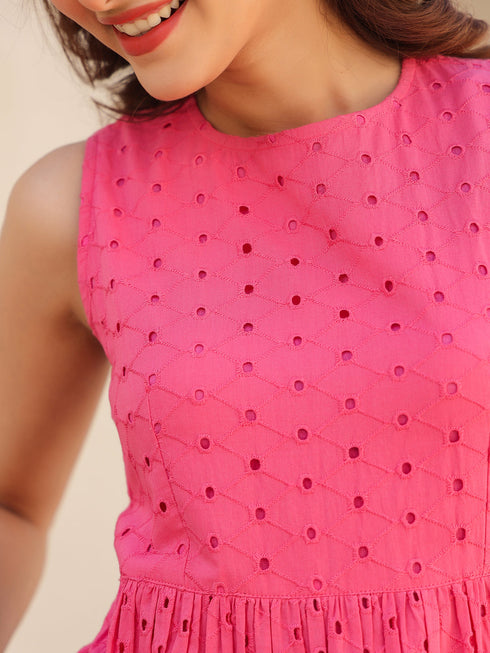 Janasya Women's Pink Pure Cotton Schiffli Tiered Dress