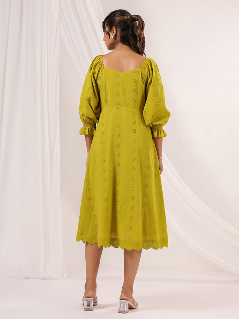 Janasya Women's Lime Green Pure Cotton Schiffli A line Dress