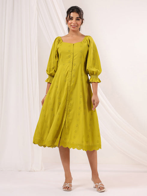 Janasya Women's Lime Green Pure Cotton Schiffli A line Dress