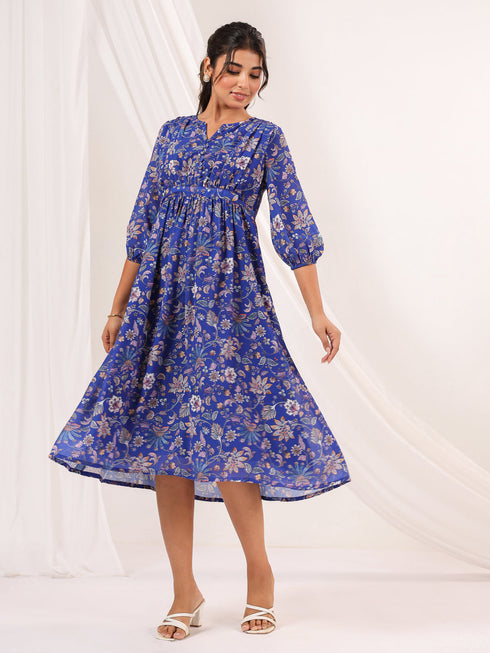 Janasya Women's Blue Georgette Floral Printed A line Dress