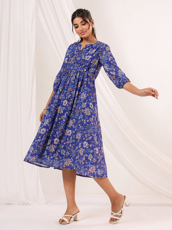 Janasya Women's Blue Georgette Floral Printed A line Dress