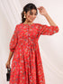 Janasya Women's Red Georgette Floral Printed Gathered Dress