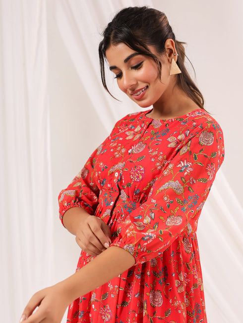 Janasya Women's Red Georgette Floral Printed Gathered Dress