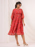 Janasya Women's Red Georgette Floral Printed Gathered Dress