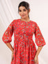 Janasya Women's Red Georgette Floral Printed Gathered Dress
