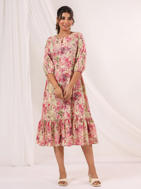 Janasya Women's Pink Pure Cotton Floral Printed A line Dress