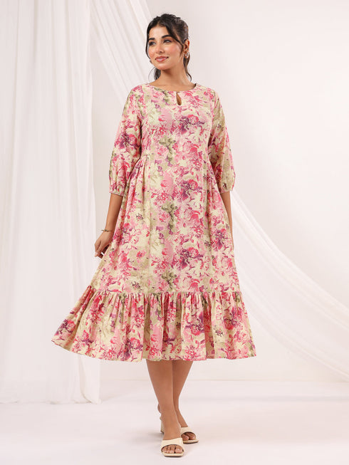Janasya Women's Pink Pure Cotton Floral Printed A line Dress
