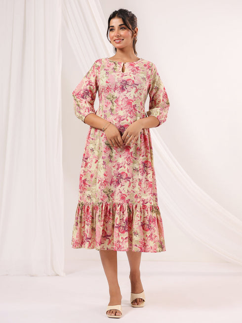Janasya Women's Pink Pure Cotton Floral Printed A line Dress