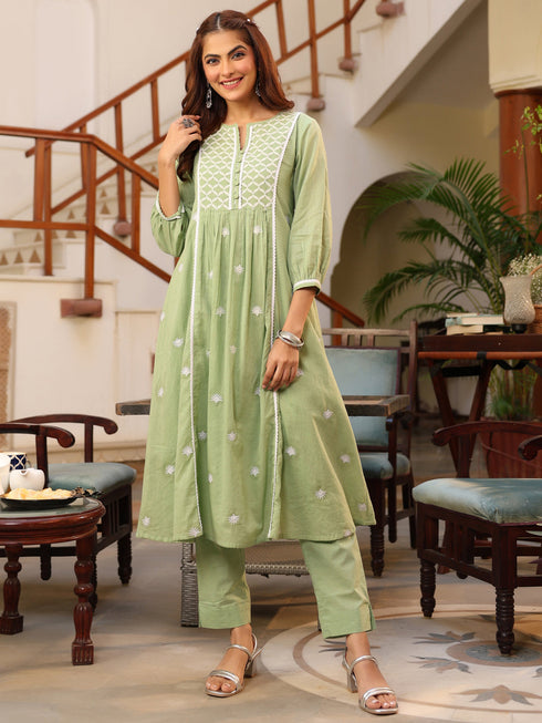 Light Green Pure Cotton Embroidered A-line Kurta Pant Set
