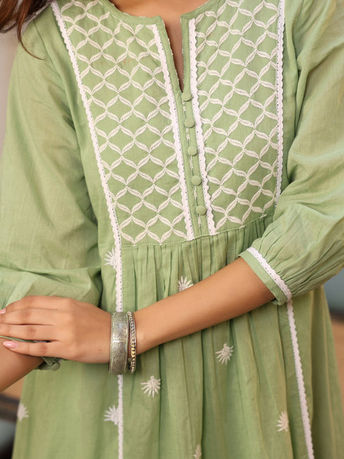 Light Green Pure Cotton Embroidered A-line Kurta Pant Set