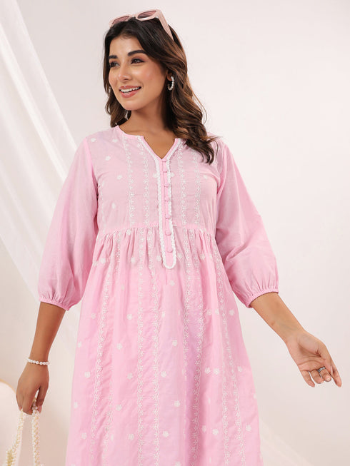 Janasya Women's Pink Pure Cotton Embroidered A line Kurta Pant Set