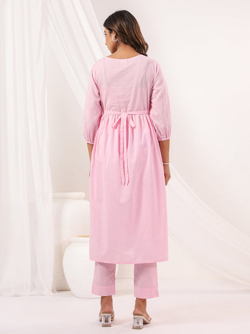 Janasya Women's Pink Pure Cotton Embroidered A line Kurta Pant Set