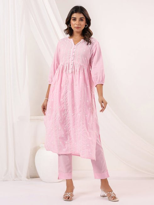 Janasya Women's Pink Pure Cotton Embroidered A line Kurta Pant Set
