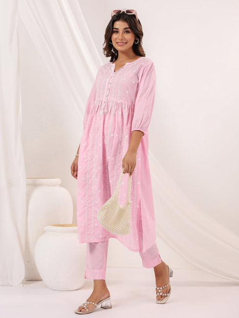 Janasya Women's Pink Pure Cotton Embroidered A line Kurta Pant Set