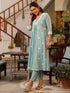 Light Blue Pure Cotton Embroidered A-line Kurta Pant Set