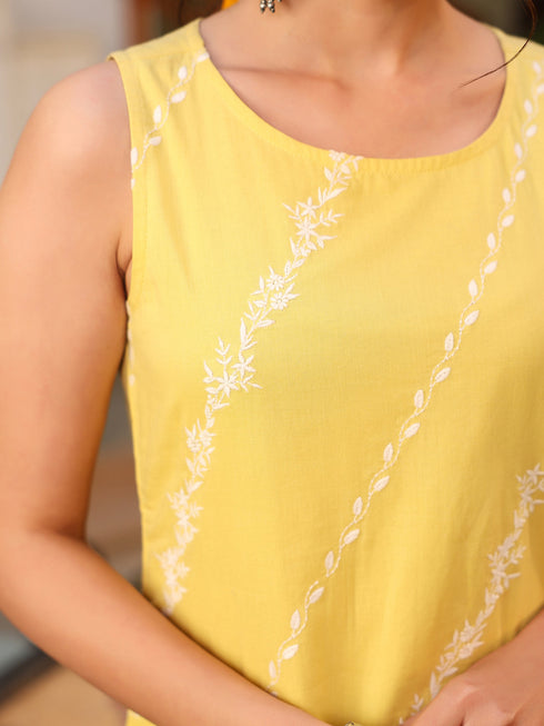 Yellow Pure Cotton Embroidered Straight Kurta Pant Set