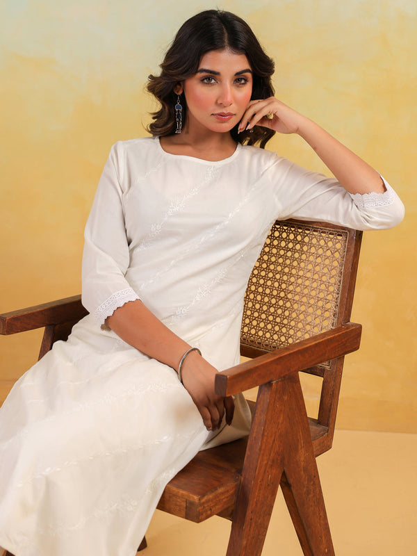 Janasya Women's Off White Pure Cotton Embroidered Straight Kurta Pant Set