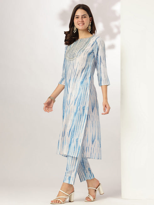 Blue Silk Blend Tie & Dye Yoke Embroidered Straight Kurta Pant Set