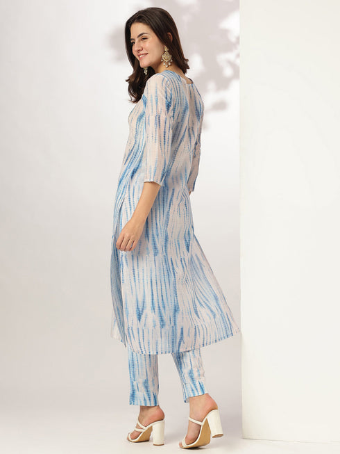 Blue Silk Blend Tie & Dye Yoke Embroidered Straight Kurta Pant Set