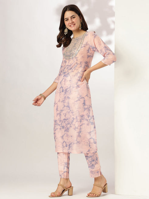 Peach Silk Blend Tie & Dye Yoke Embroidered Straight Kurta Pant Set