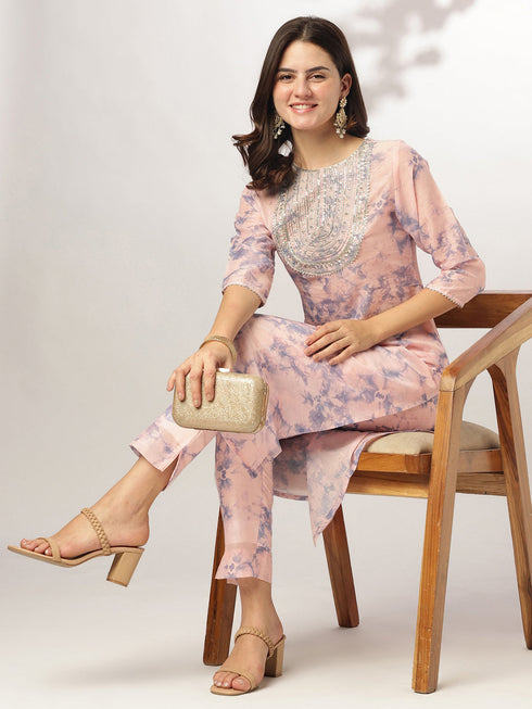 Peach Silk Blend Tie & Dye Yoke Embroidered Straight Kurta Pant Set