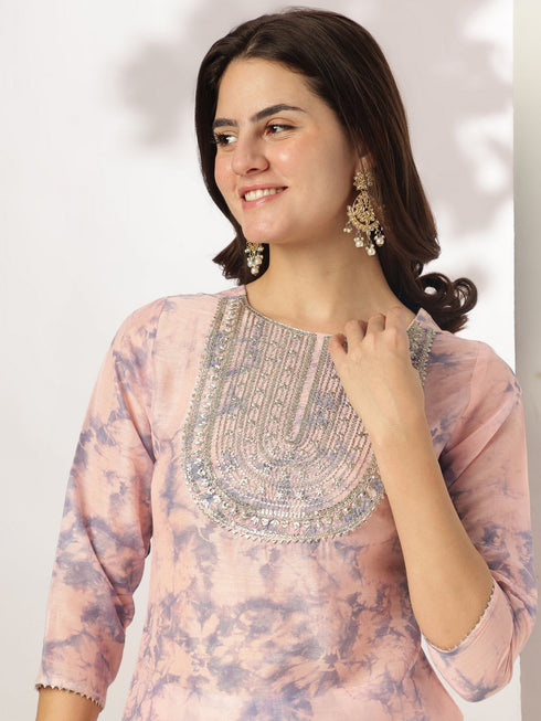 Peach Silk Blend Tie & Dye Yoke Embroidered Straight Kurta Pant Set