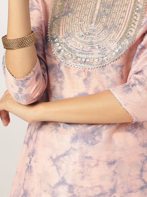 Peach Silk Blend Tie & Dye Yoke Embroidered Straight Kurta Pant Set
