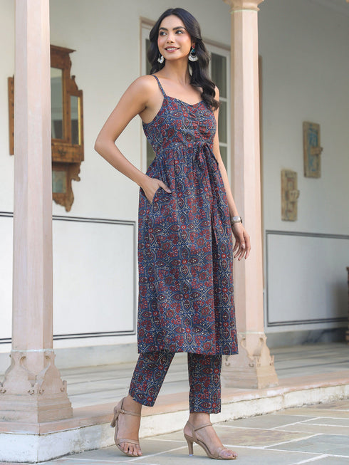 Navy Blue Pure Cotton Ethnic Motifs Printed A-line Kurta Set