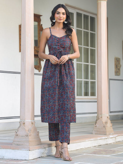 Navy Blue Pure Cotton Ethnic Motifs Printed A-line Kurta Set