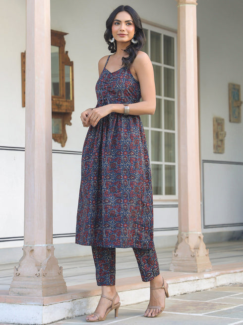 Navy Blue Pure Cotton Ethnic Motifs Printed A-line Kurta Set