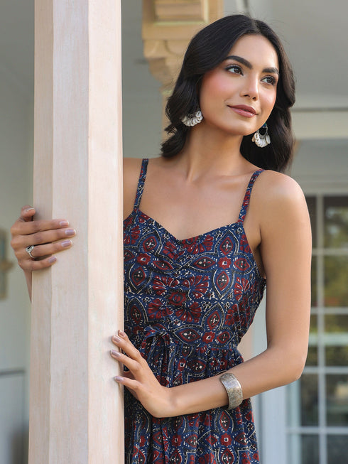 Navy Blue Pure Cotton Ethnic Motifs Printed A-line Kurta Set