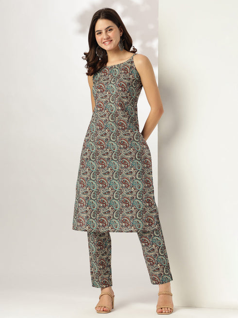 Multicolour Pure Cotton Ethnic Motifs Printed Straight Kurta Pant Set