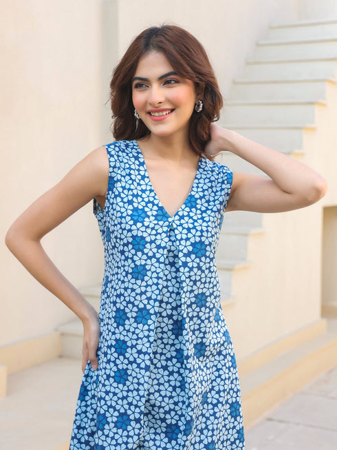 Indigo Pure Cotton Floral Printed A-line Kurta Set