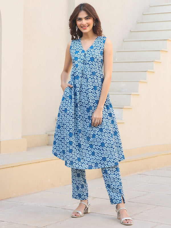 Indigo Pure Cotton Floral Printed A-line Kurta Set