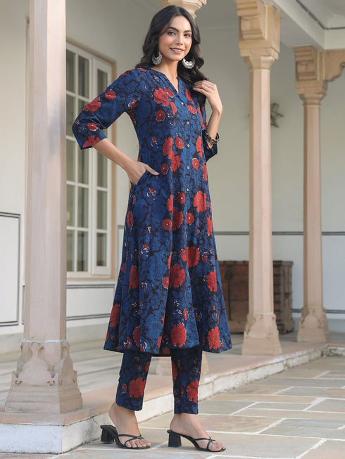 Navy Blue Pure Cotton Floral Printed A-line Kurta Pant Set
