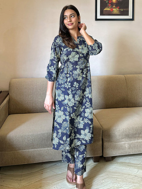 Indigo Pure Cotton Floral Printed Straight Kurta Pant Set