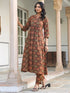 Brown Pure Cotton Ethnic Motifs Printed A-line Kurta Pant Set