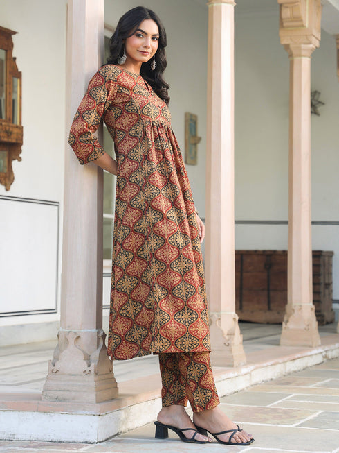 Brown Pure Cotton Ethnic Motifs Printed A-line Kurta Pant Set